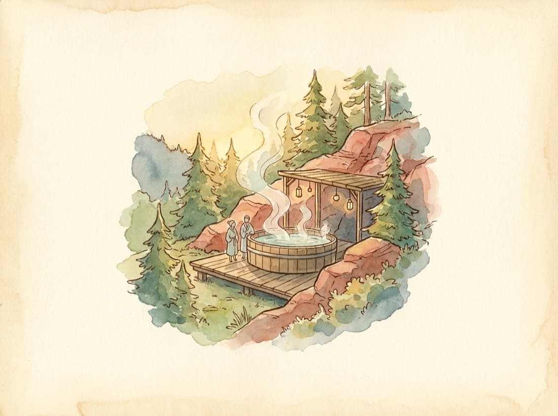 A steaming mineral hot-spring soaking pool among pines at golden hour
