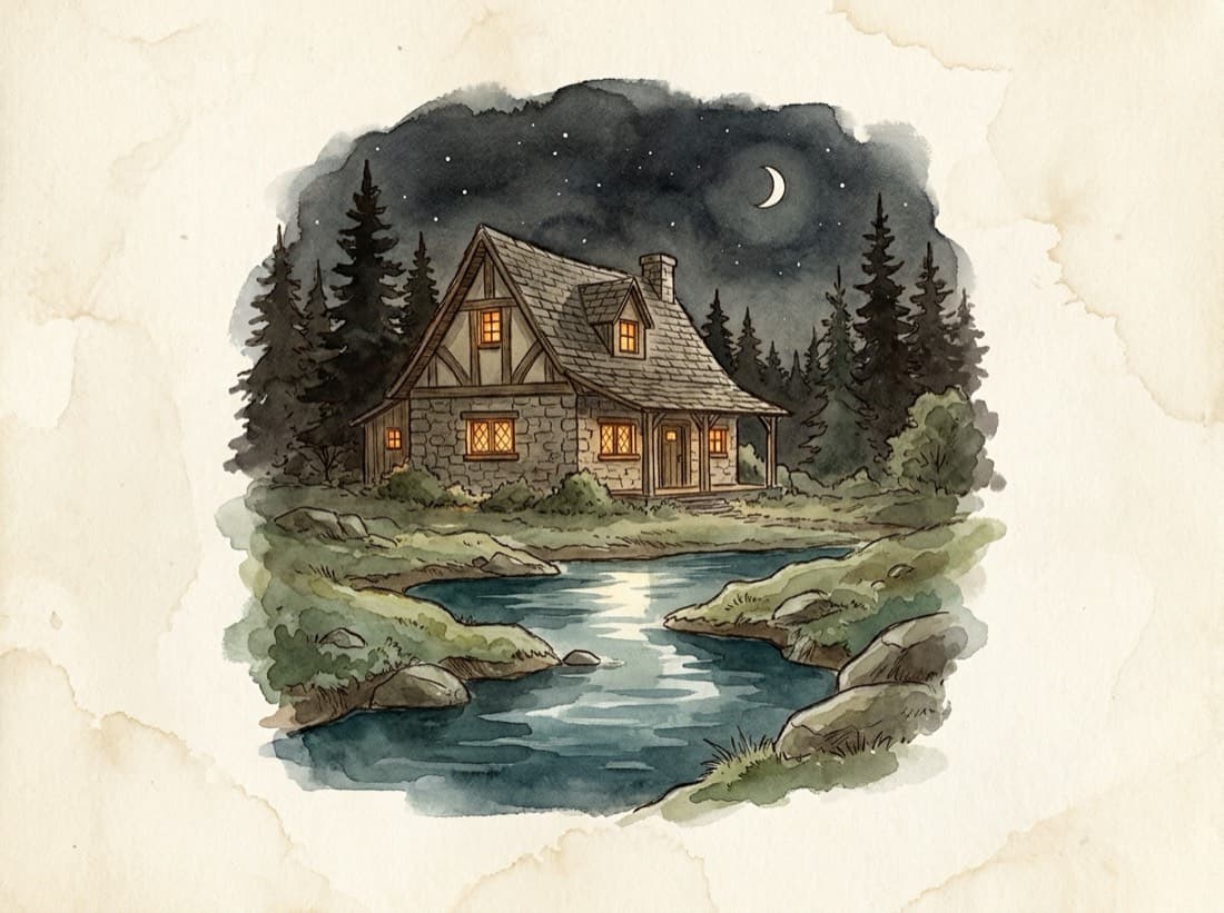 The cottage inn at night beside the creek under a crescent moon
